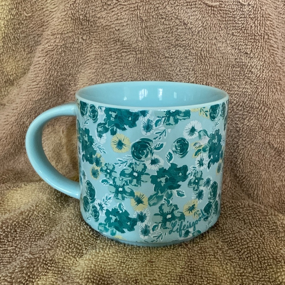 Life is Good Home Mug Blue Floral Coffee Cup Spring Flowers